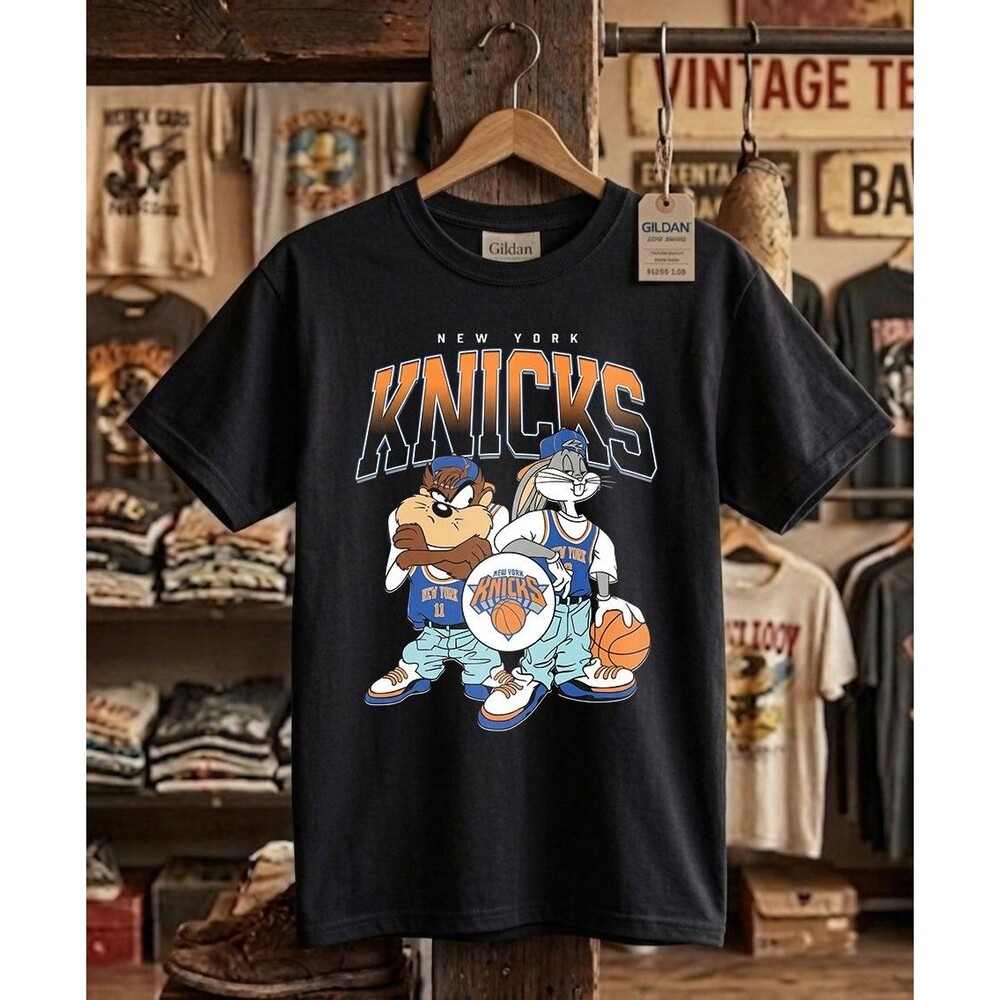 Vintage New York Basketball Cartoon Tee - Retro 1990s Bootleg Style Black Shirt